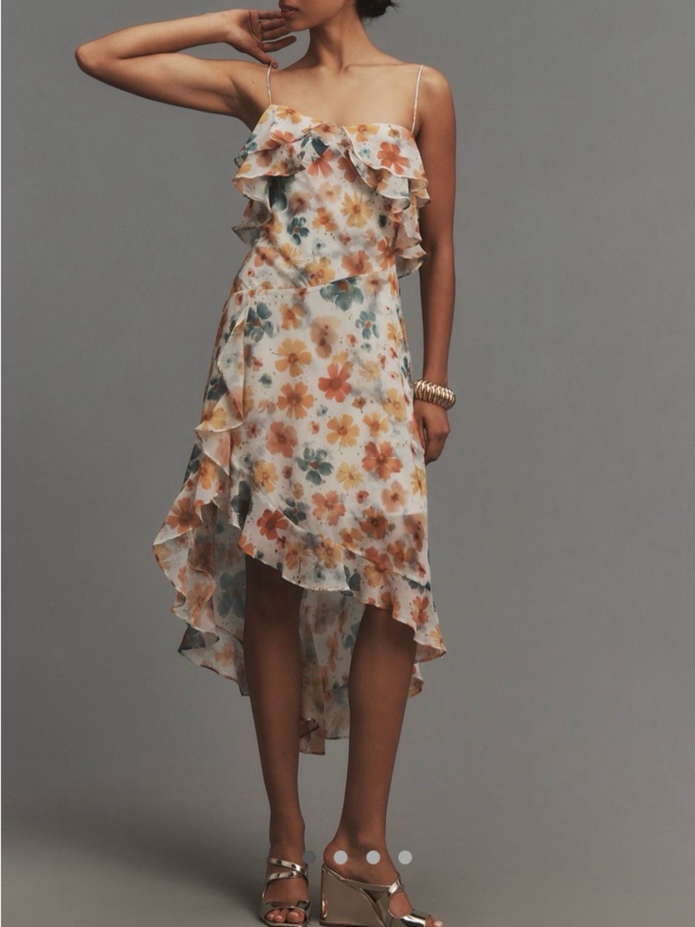 Floral Ruffle High-Low Slip Dress - White with Orange & Green Floral